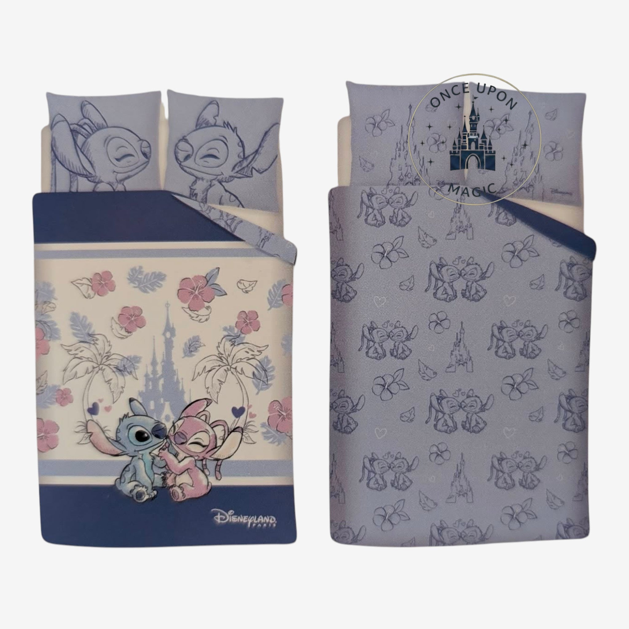 Once Upon Magic Stitch & Angel Disneyland Paris reversible duvet cover set with tropical and castle motifs.