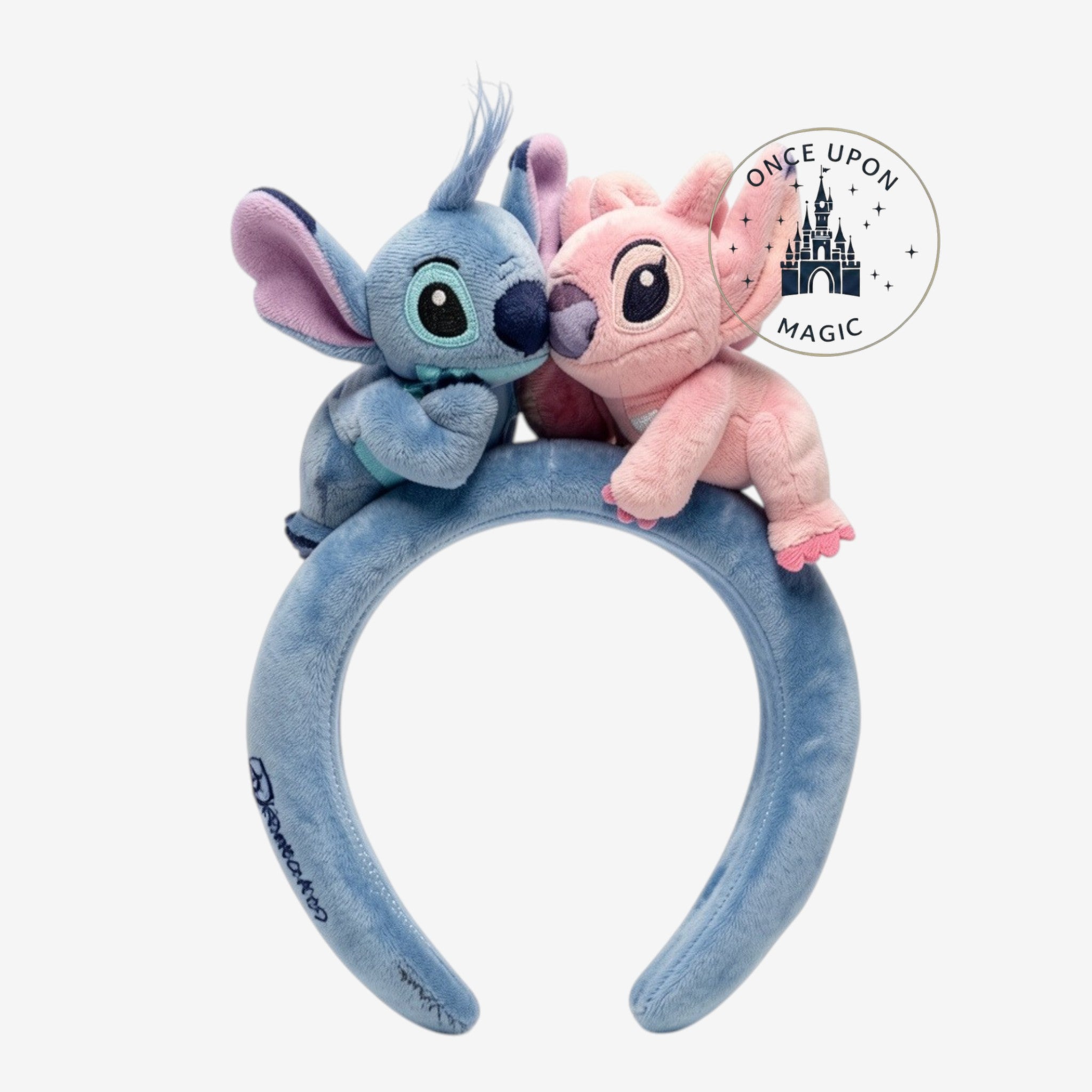 Once Upon Magic blue plush headband with Stitch and Angel characters sitting on top, perfect for Disneyland Paris.