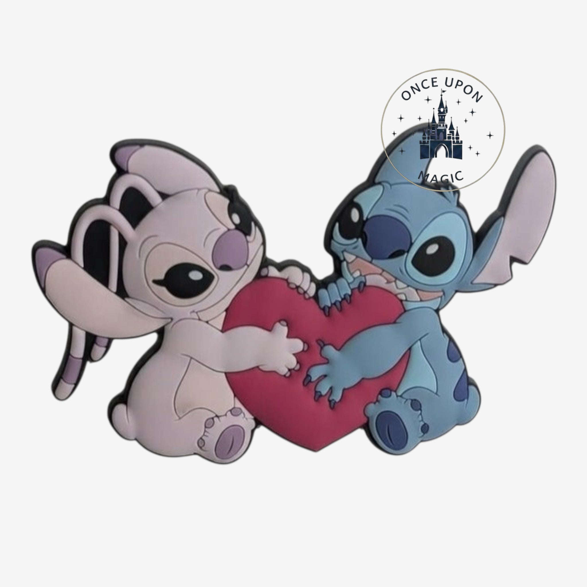 Once Upon Magic Stitch & Angel magnet with a red heart, blue Stitch and pink Angel characters.