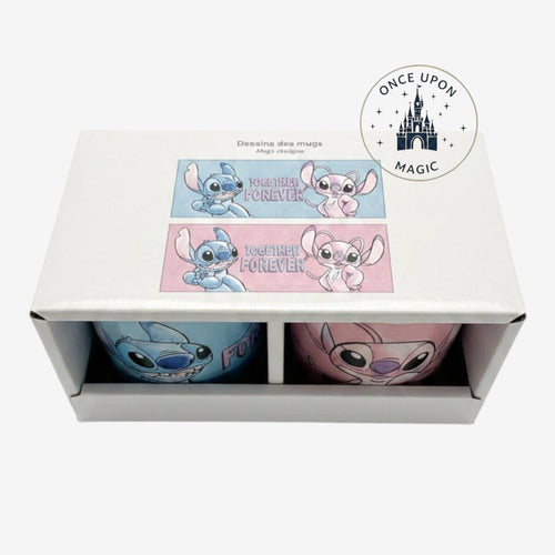 Once Upon Magic Stitch and Angel ceramic mug set featuring Together Forever design in blue and pink gift box