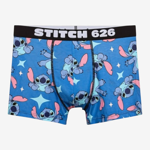 Once Upon Magic blue boxer briefs with all-over Stitch print and "STITCH 626" waistband.