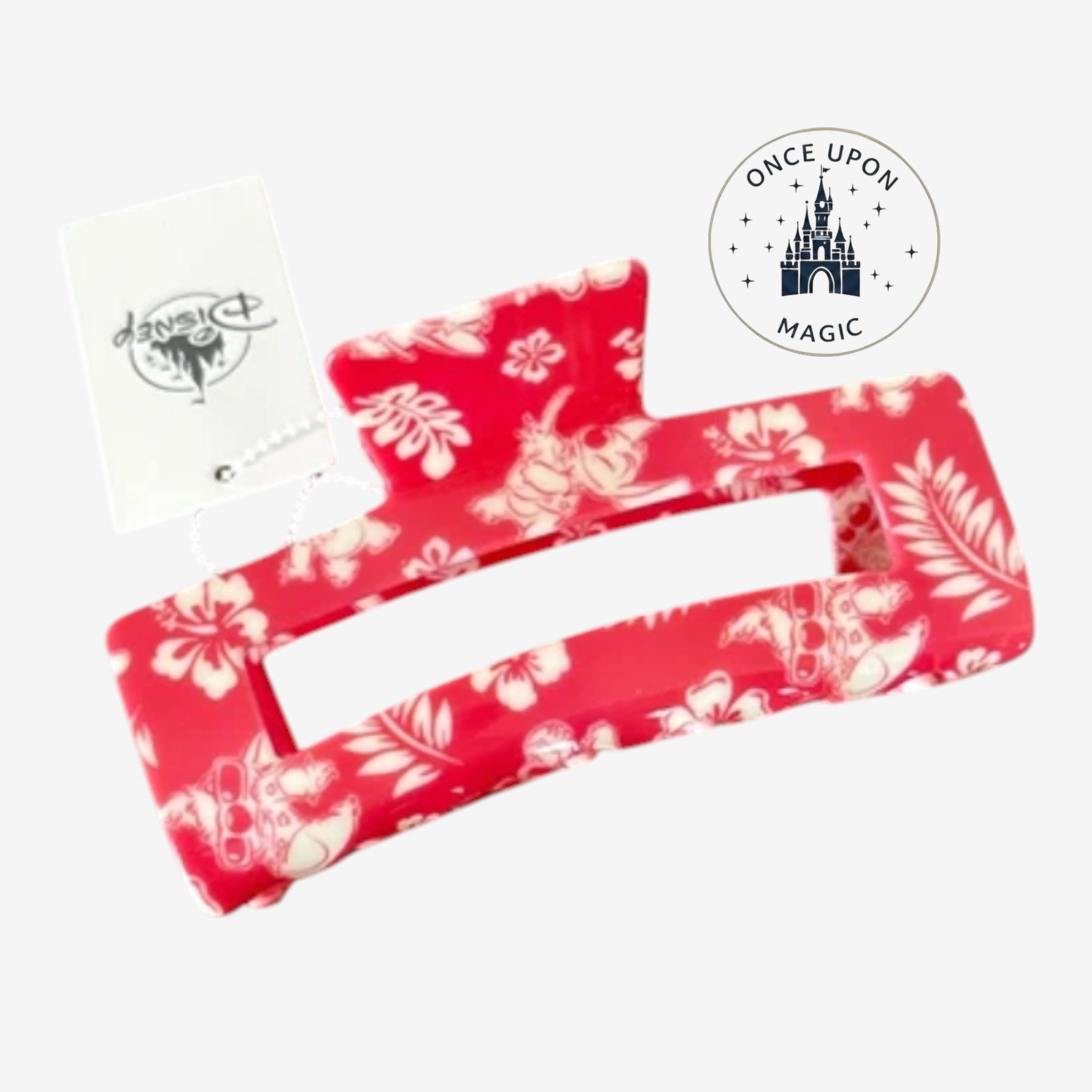 Once Upon Magic red claw clip with Stitch and tropical floral print. A fun hair accessory.