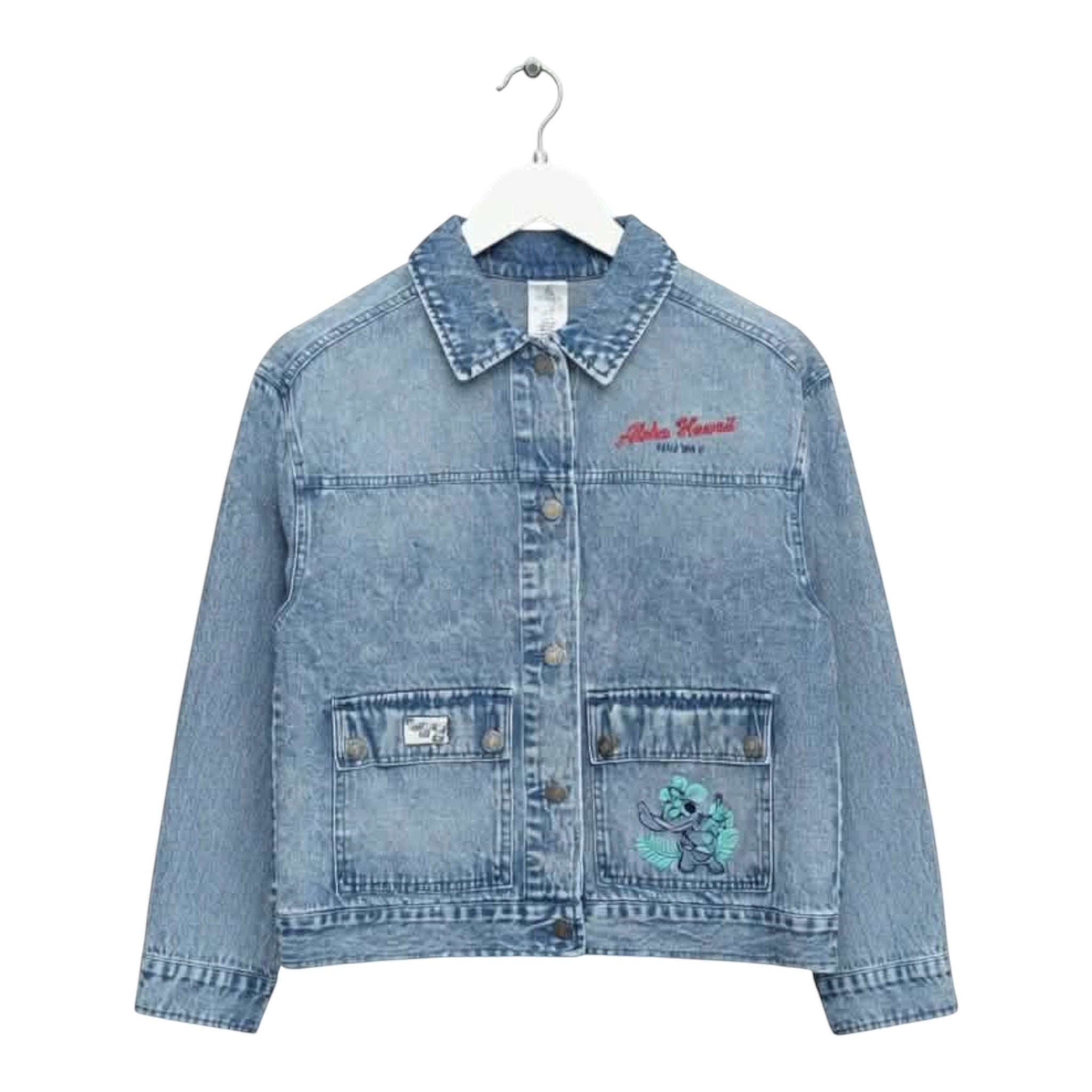 Once Upon Magic light blue vintage denim jacket featuring Stitch embroidery and Aloha Hawaii text on the front.