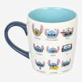Once Upon Magic white ceramic mug with blue interior featuring Stitch in various moods and roles like gamer, geek, DJ, and eating pizza.