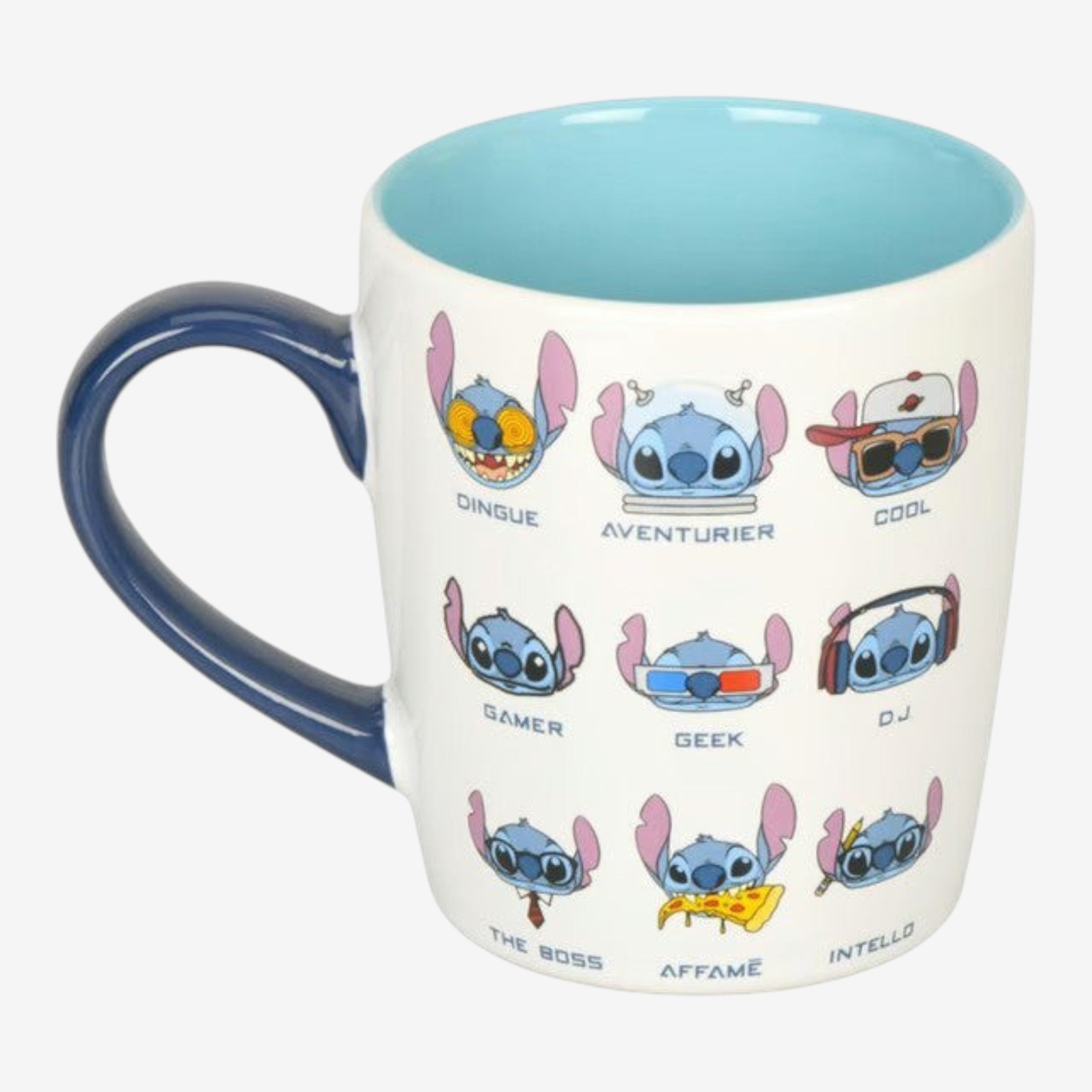 Once Upon Magic white ceramic mug with blue interior featuring Stitch in various moods and roles like gamer, geek, DJ, and eating pizza.
