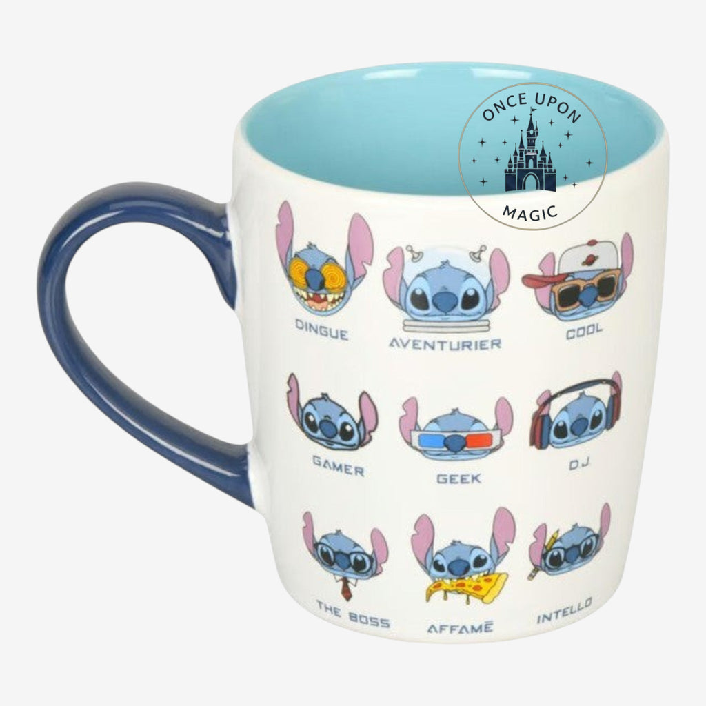 Once Upon Magic white ceramic mug with blue interior featuring Stitch in various moods and roles like gamer, geek, DJ, and eating pizza.