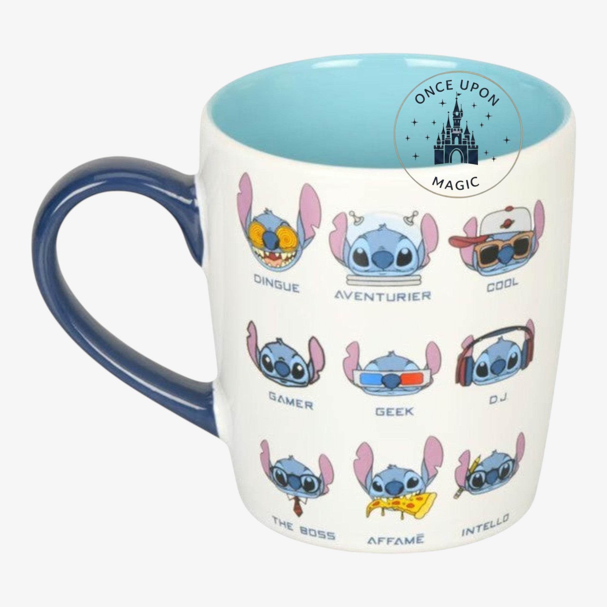 Once Upon Magic white ceramic mug with blue interior featuring Stitch in various moods and roles like gamer, geek, DJ, and eating pizza.