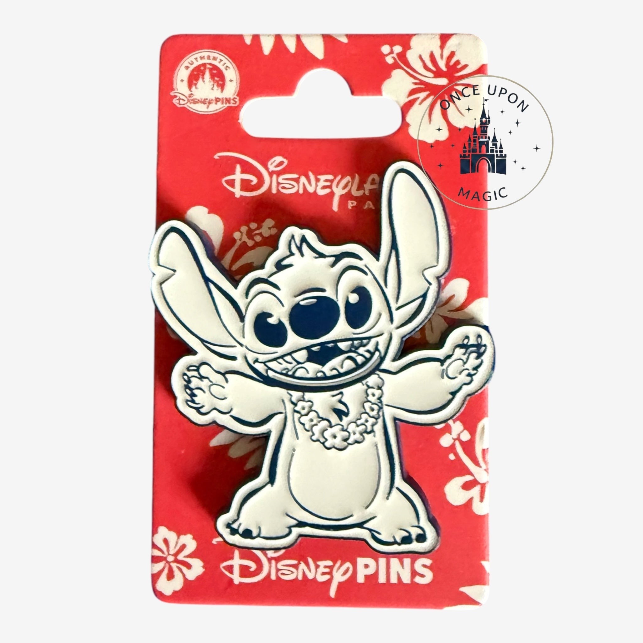 Once Upon Magic exclusive Disneyland Paris Stitch enamel pin featuring the character wearing a floral lei.