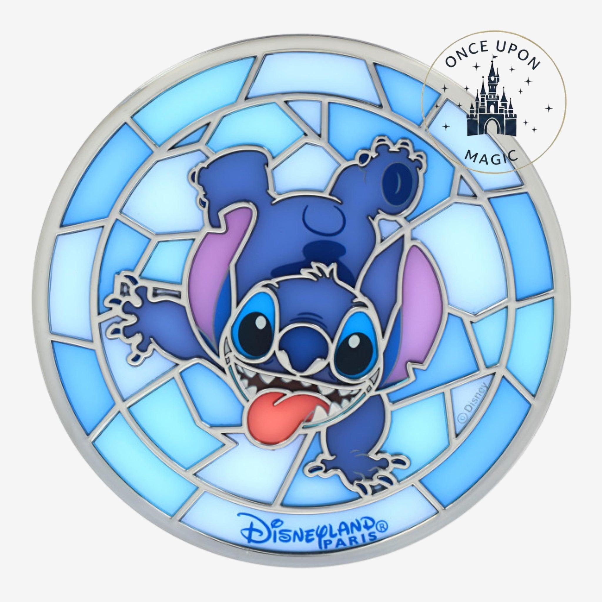 Vitrail décoratif Stitch Disneyland Paris avec effet verre teinté bleu et support inclus