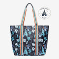 Once Upon Magic black tote bag with Stitch and Eiffel Tower print, striped handles.