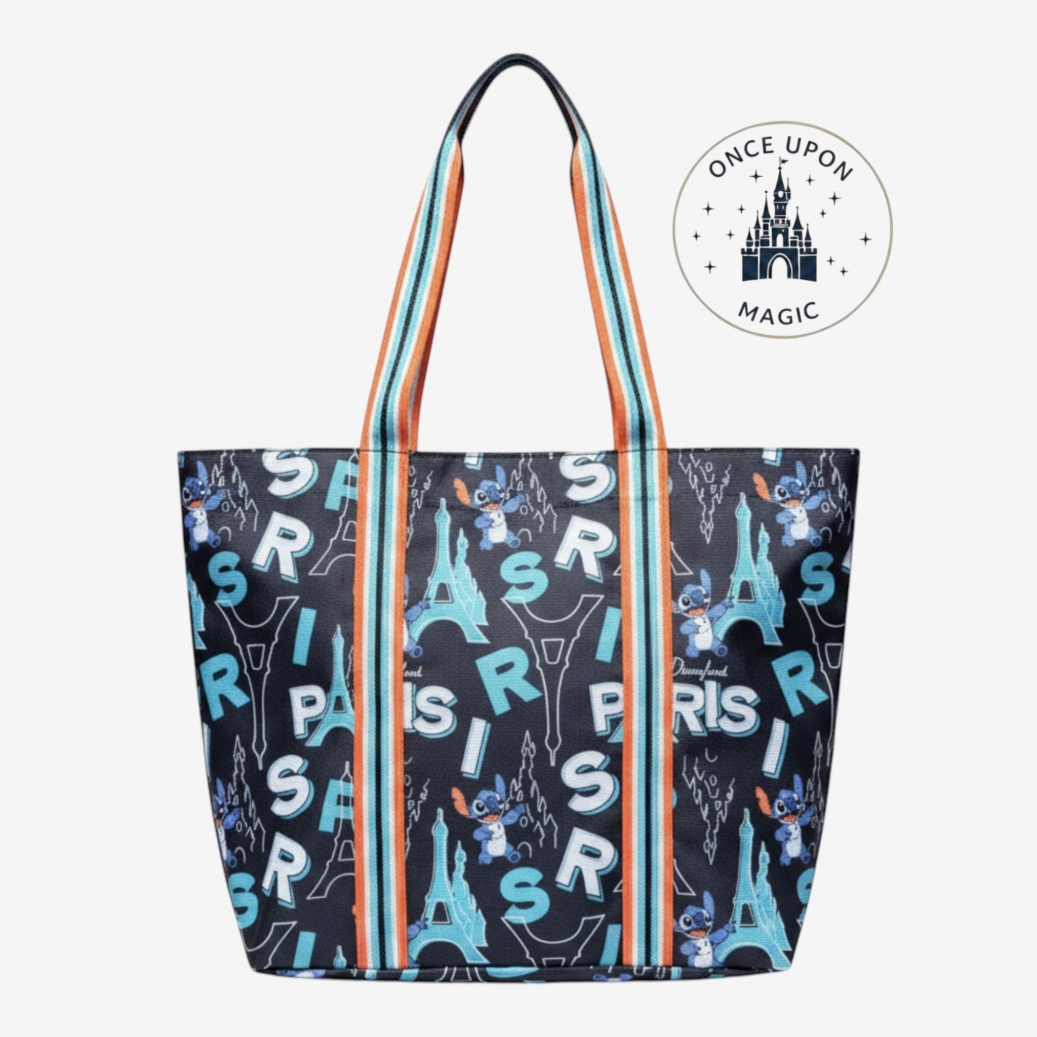 Once Upon Magic black tote bag with Stitch and Eiffel Tower print, striped handles.