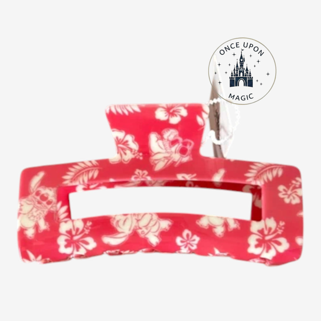 Once Upon Magic red hair claw clip with white tropical flowers and Stitch character print.