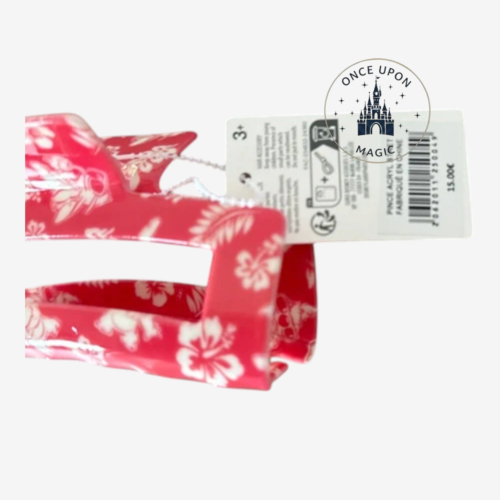 Once Upon Magic red acrylic hair claw clip with white tropical floral and Stitch print. Perfect for securing hair.
