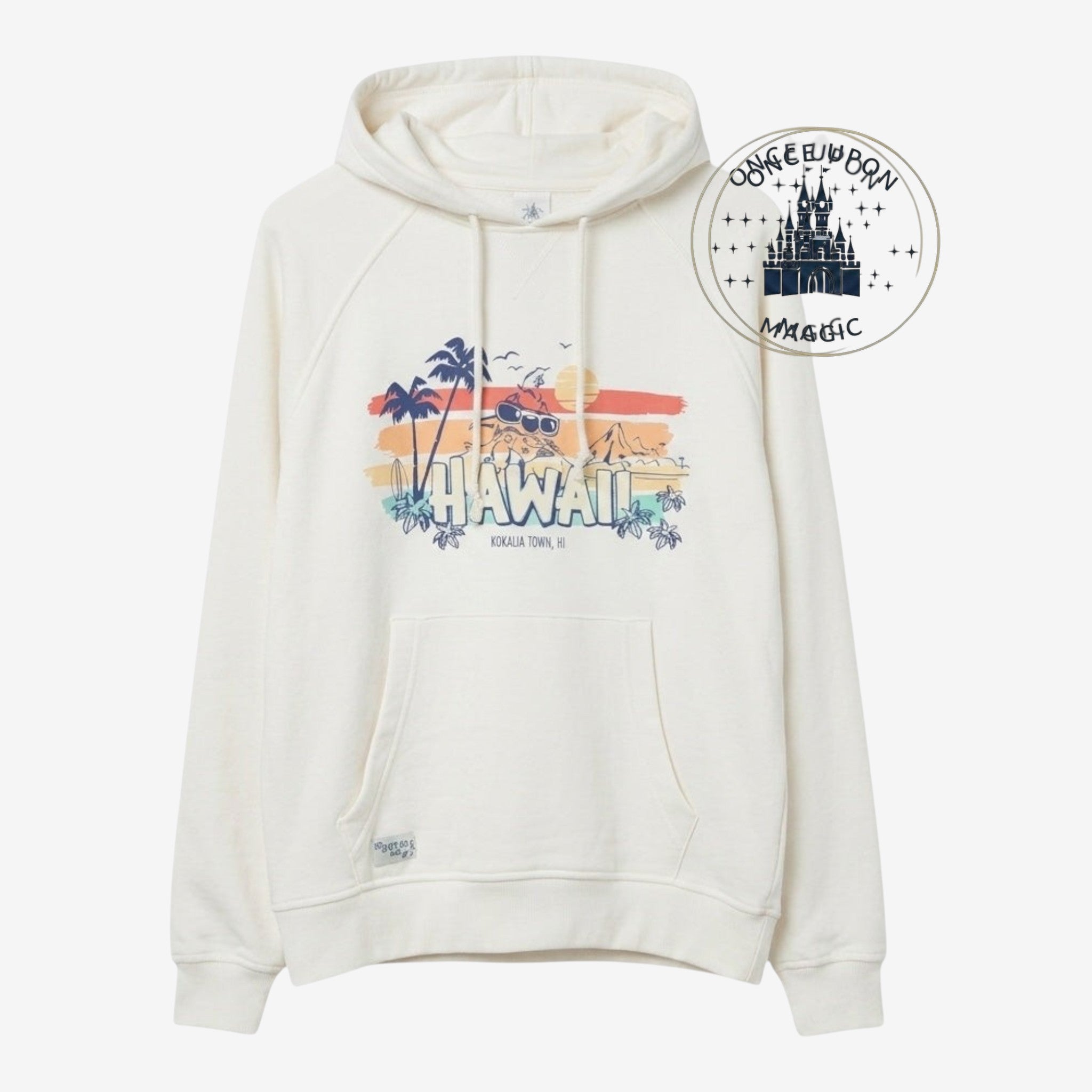 Once Upon Magic cream hoodie with Stitch wearing sunglasses and a floral lei, set against a vintage 80s Hawaii sunset graphic.