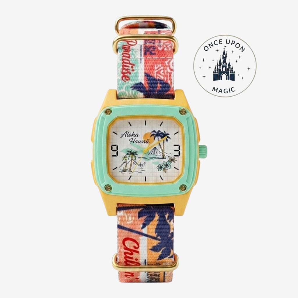 Once Upon Magic Stitch watch with a tropical Hawaiian scene on the dial and a colorful patterned strap.