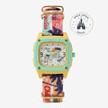 Once Upon Magic Stitch watch with a tropical Hawaiian scene on the dial and a colorful patterned strap.
