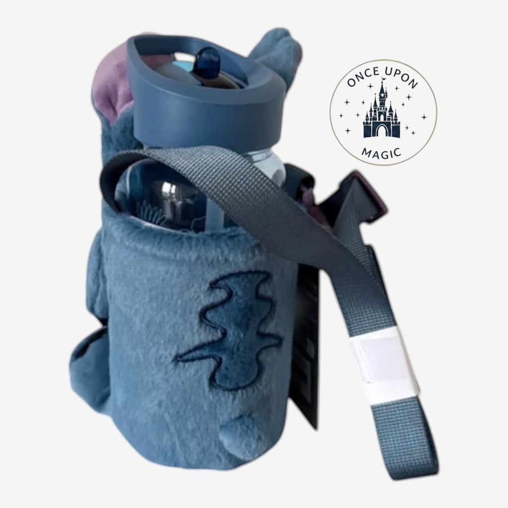 Once Upon Magic blue plush Stitch water bottle carrier with adjustable strap and embroidered character detail.