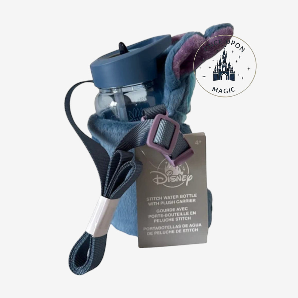 Once Upon Magic Disney Stitch plush water bottle carrier with an adjustable blue strap and character design.