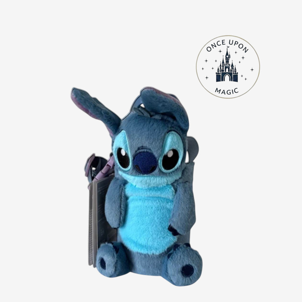 Once Upon Magic blue Stitch plush water bottle carrier with adjustable shoulder strap for kids and Disney fans.
