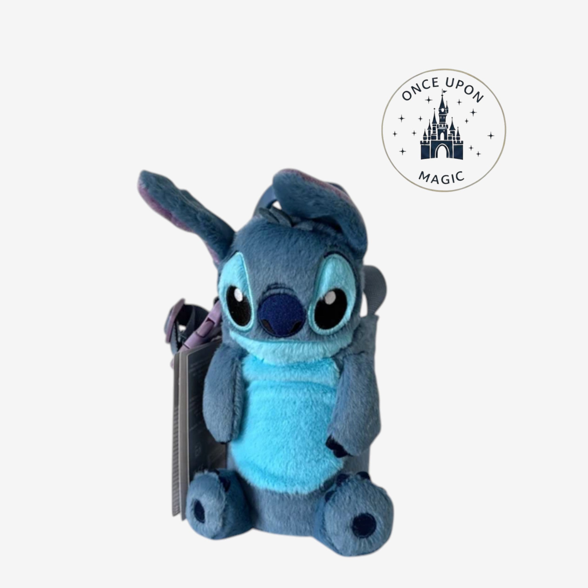 Once Upon Magic blue Stitch plush water bottle carrier with adjustable shoulder strap for kids and Disney fans.