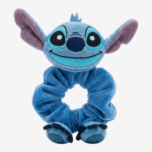 Once Upon Magic blue plush Stitch scrunchie with character ears, eyes, and grin. Soft fabric hair accessory.