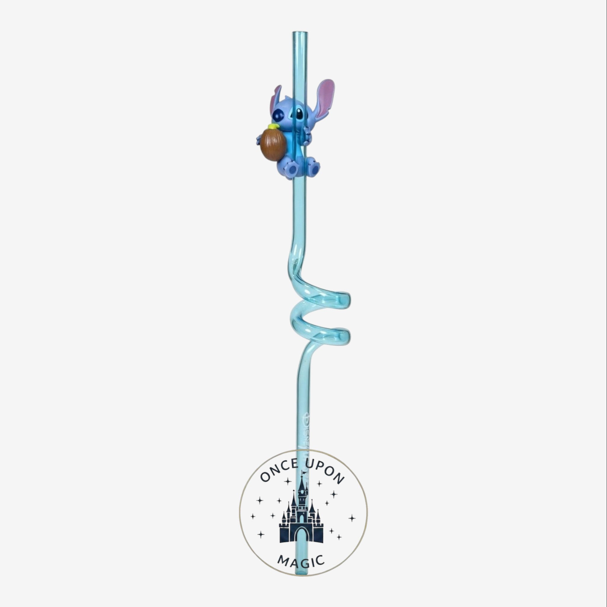 Once Upon Magic blue translucent spiral reusable straw with a Stitch figurine holding a brown object.