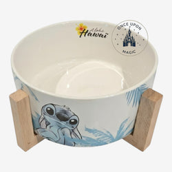 Once Upon Magic white ceramic salad bowl featuring Stitch and "Aloha Hawaii" text, with a wooden stand.