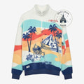 Once Upon Magic white sherpa fleece sweatshirt with a colorful tropical sunset scene featuring Stitch wearing sunglasses and palm trees.