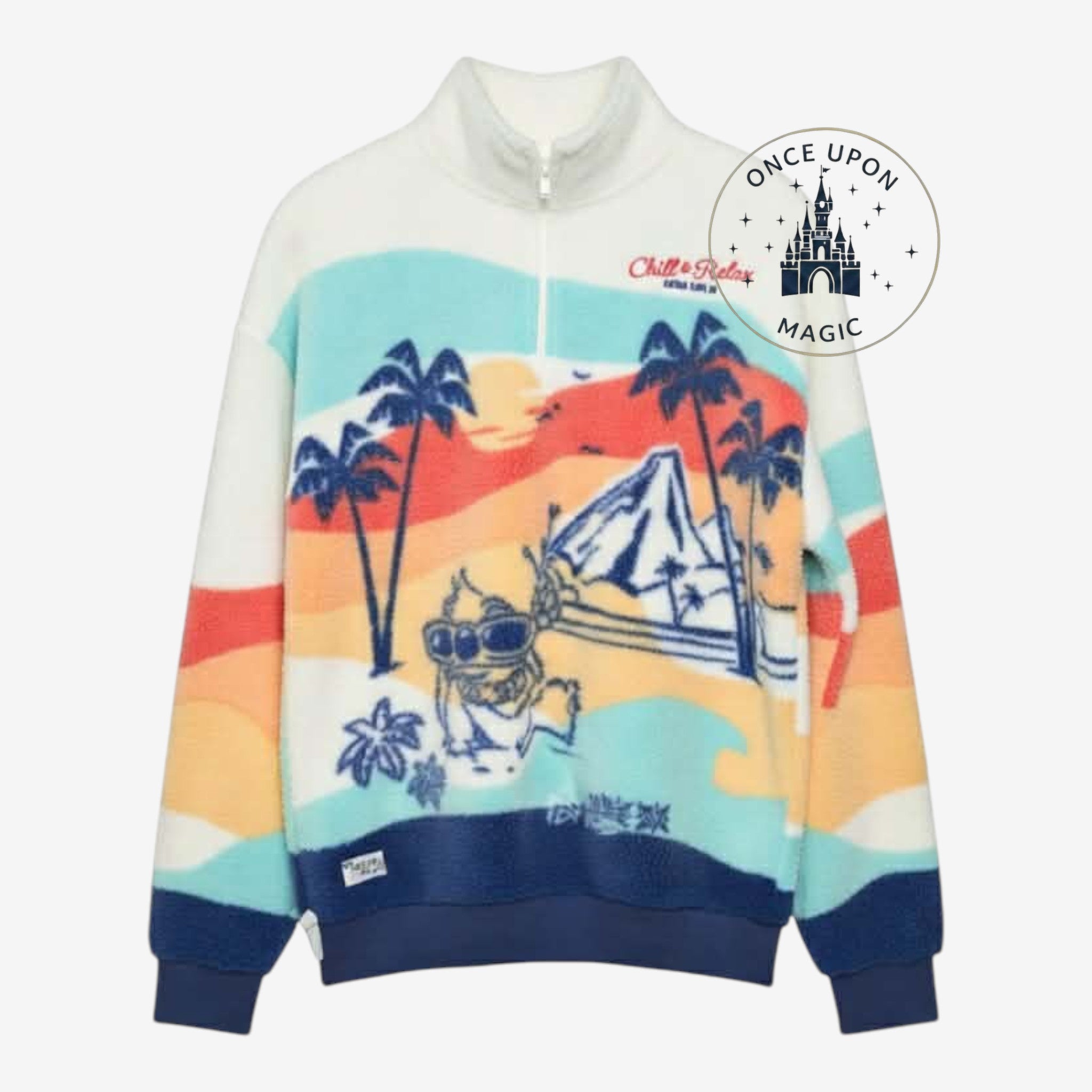 Once Upon Magic white sherpa fleece sweatshirt with a colorful tropical sunset scene featuring Stitch wearing sunglasses and palm trees.