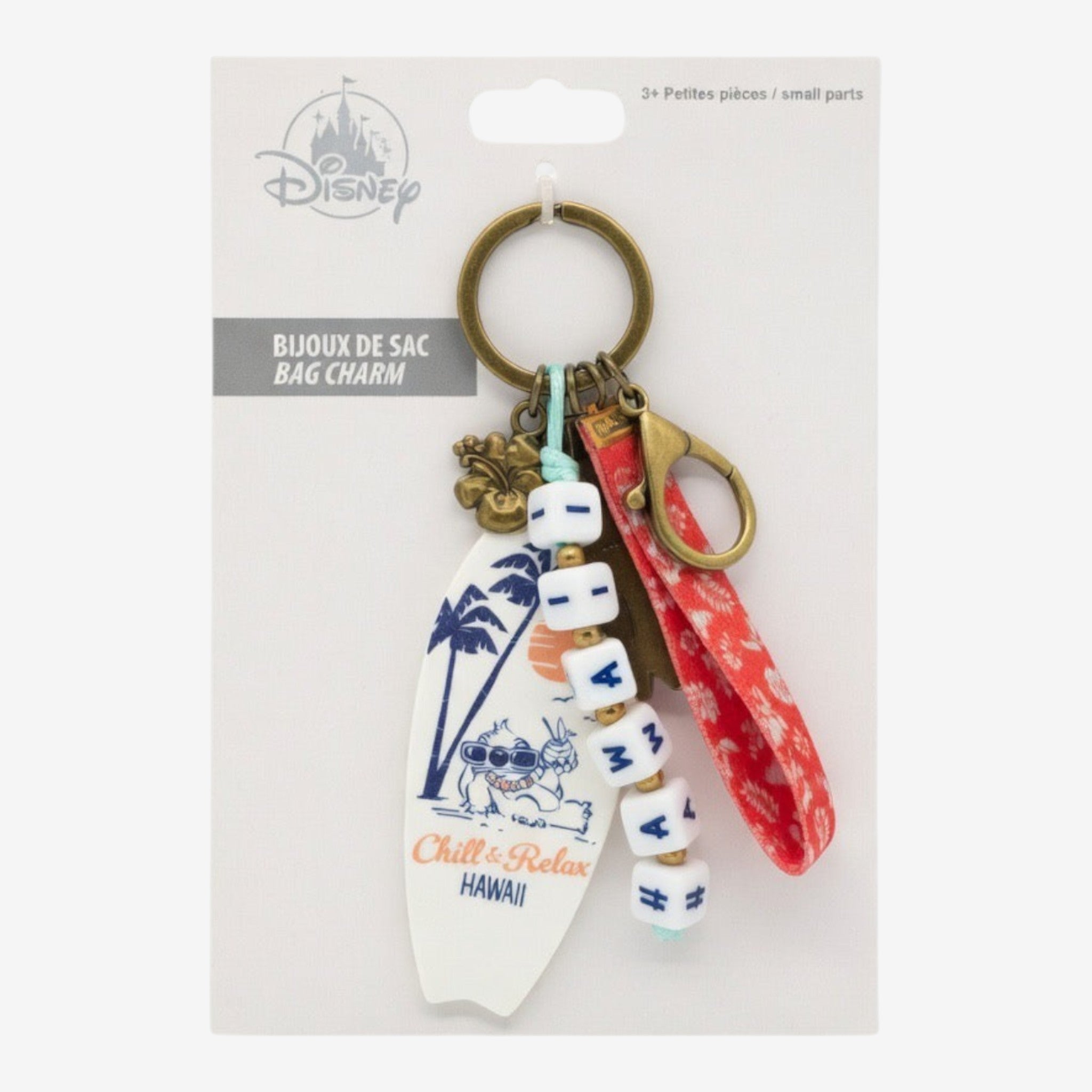 Once Upon Magic Disney Stitch bag charm with surfboard, hibiscus flower, and beads spelling '626'.