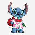 Once Upon Magic Disneyland Paris Stitch Valentine magnet featuring Stitch holding a bouquet of red roses