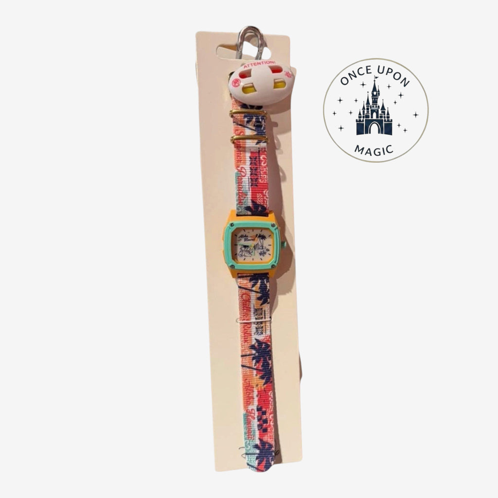 Once Upon Magic Stitch watch with a blue square face, tropical print strap, and a yellow bezel. Features Stitch graphic on dial.