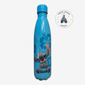 Once Upon Magic blue water bottle with Stitch character and Hawaiian flowers. Features a screw-top lid.