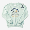 Sweat femme vert d'eau pastel Once Upon Magic avec Stitch en mode Aloha Hawaii, broderie exclusive Disneyland Paris.