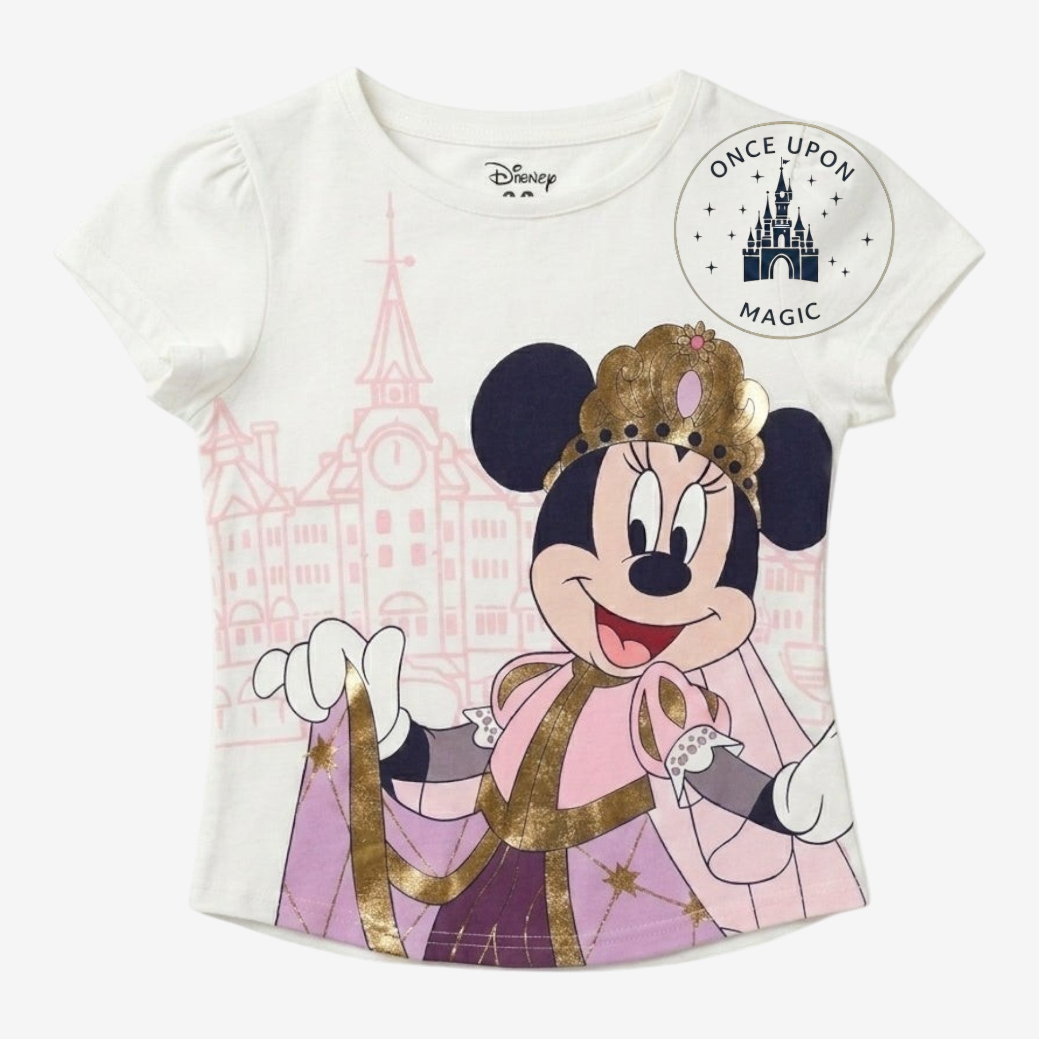 T-shirt Once Upon Magic pour enfant blanc avec Minnie Mouse en princesse et détails dorés du Disneyland Hôtel.
