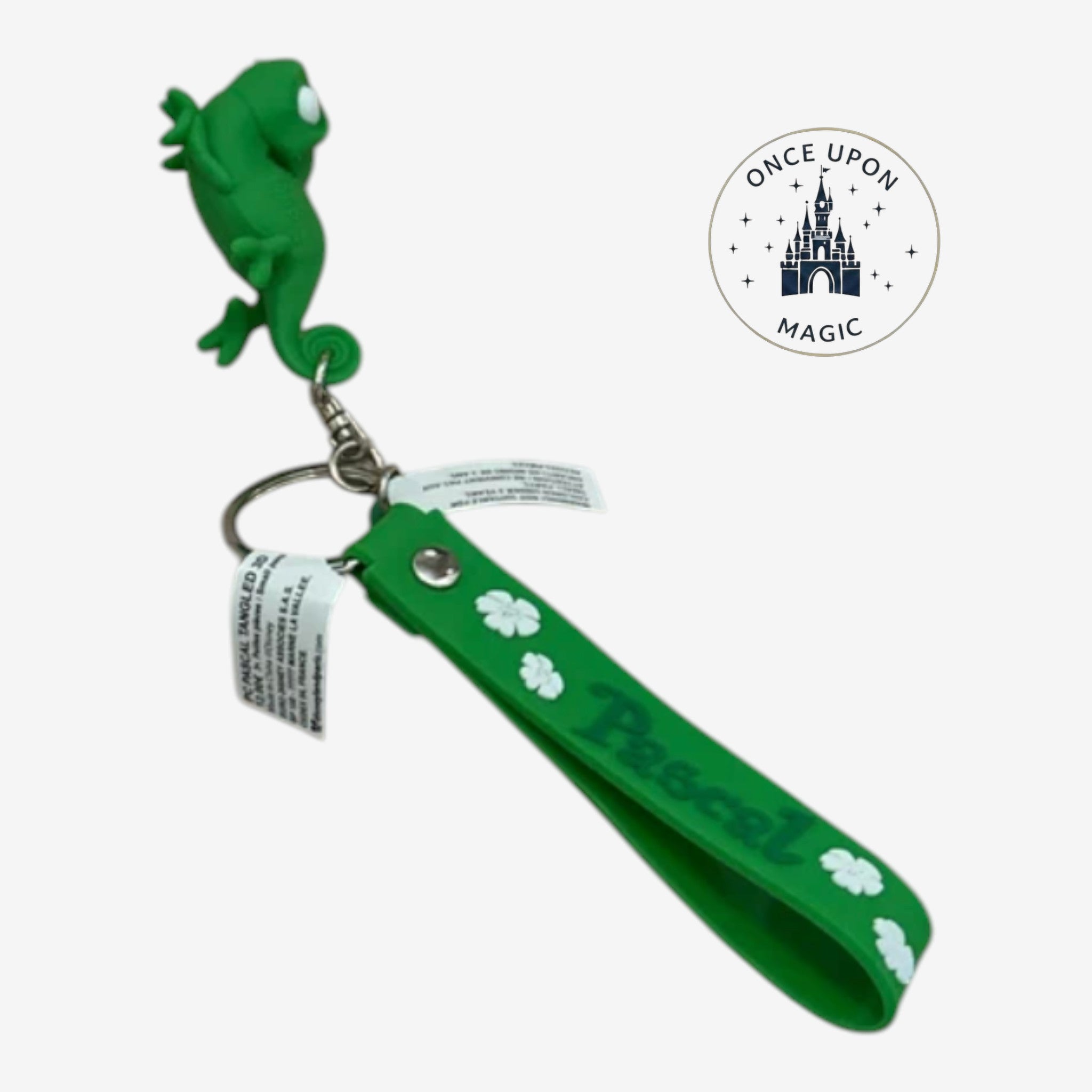 Once Upon Magic green Pascal the chameleon keychain from Disney's Tangled with a floral wrist strap.