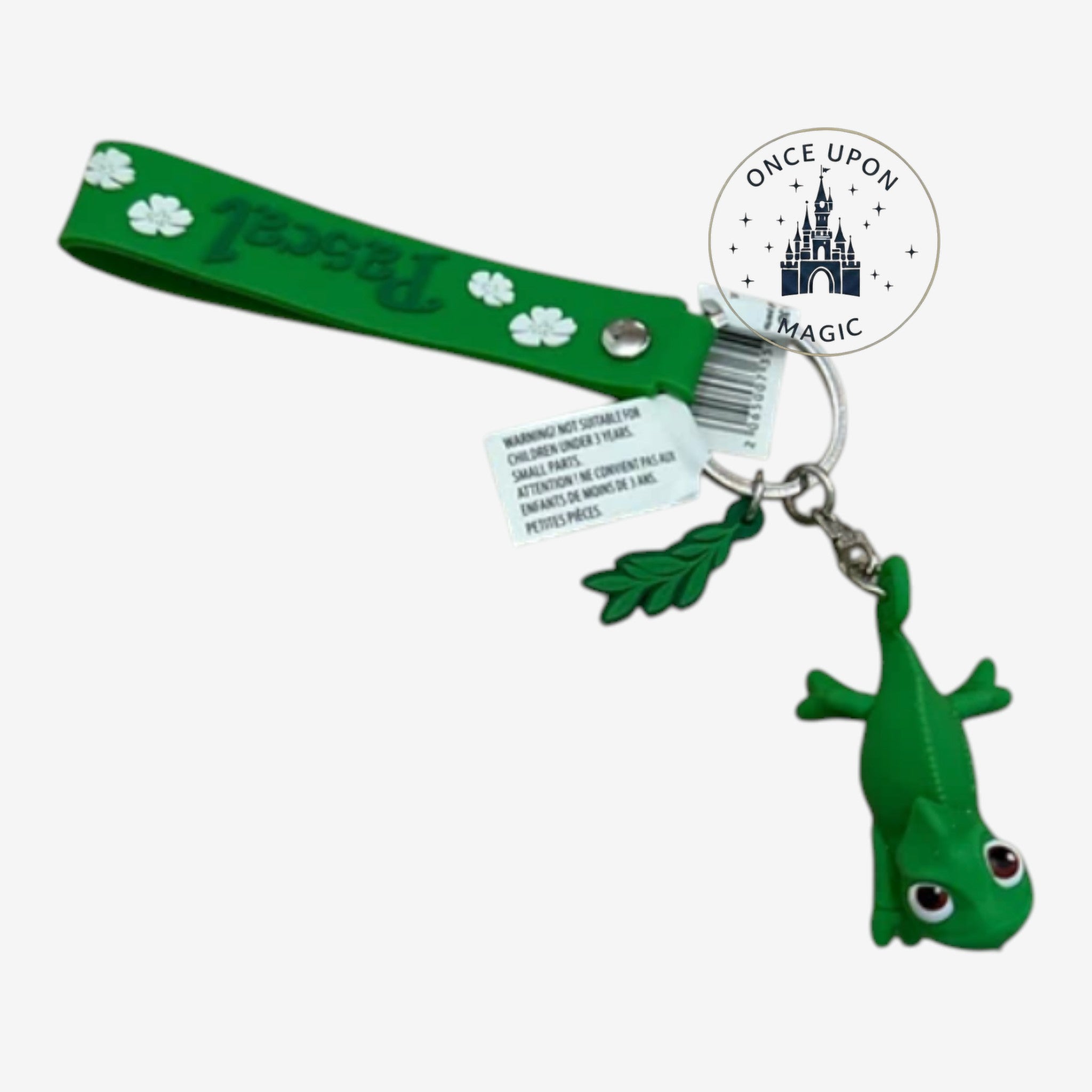 Once Upon Magic green wrist strap keychain with Pascal the chameleon from Tangled and flower details.