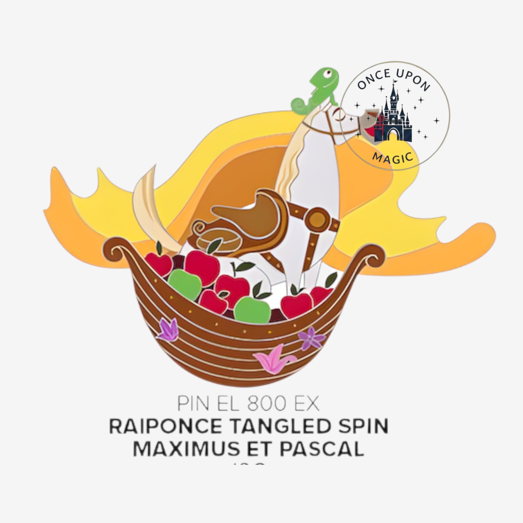 Once Upon Magic limited edition pin featuring Rapunzel's Maximus and Pascal from Tangled, with apples and flowers.