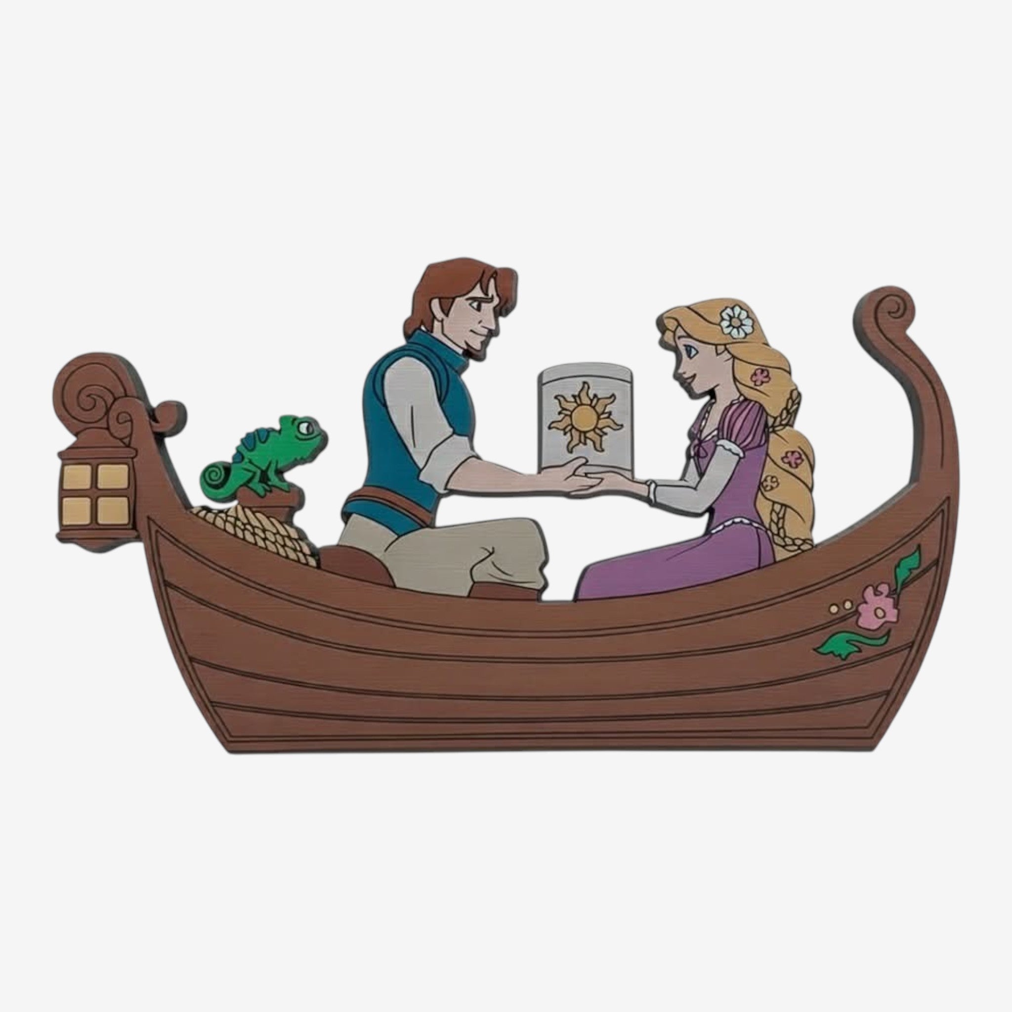 Once Upon Magic Disney Tangled magnet featuring Rapunzel, Flynn, and Pascal in a boat holding a lantern.