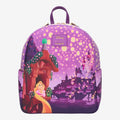 Once Upon Magic Disney Tangled Rapunzel Night Lanterns mini backpack. Purple faux leather with Rapunzel looking at lanterns over a castle.