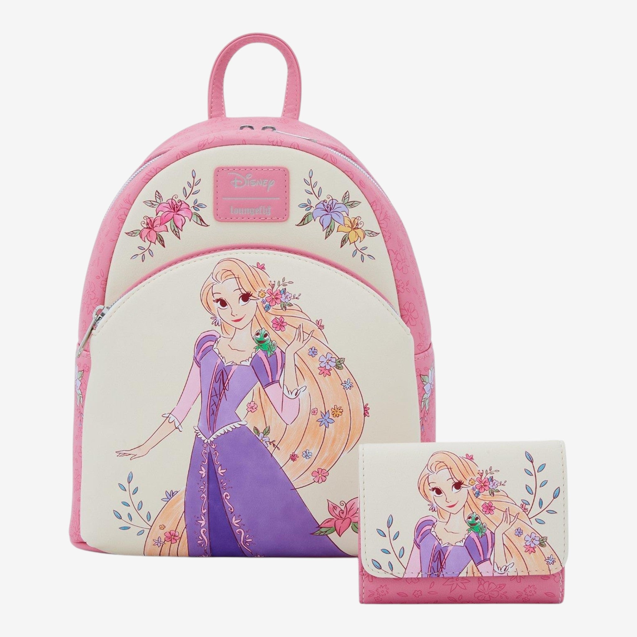 Once Upon Magic Disney Tangled Rapunzel and Pascal mini backpack with floral print and matching wallet. Pink faux leather.