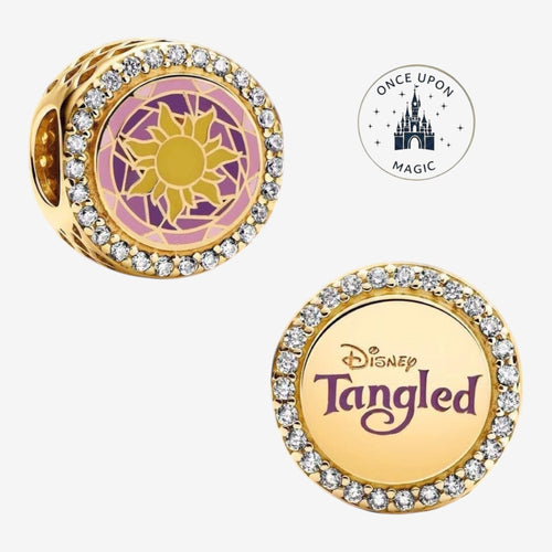 Once Upon Magic gold charm with sun design and cubic zirconia, featuring Disney's Tangled logo.