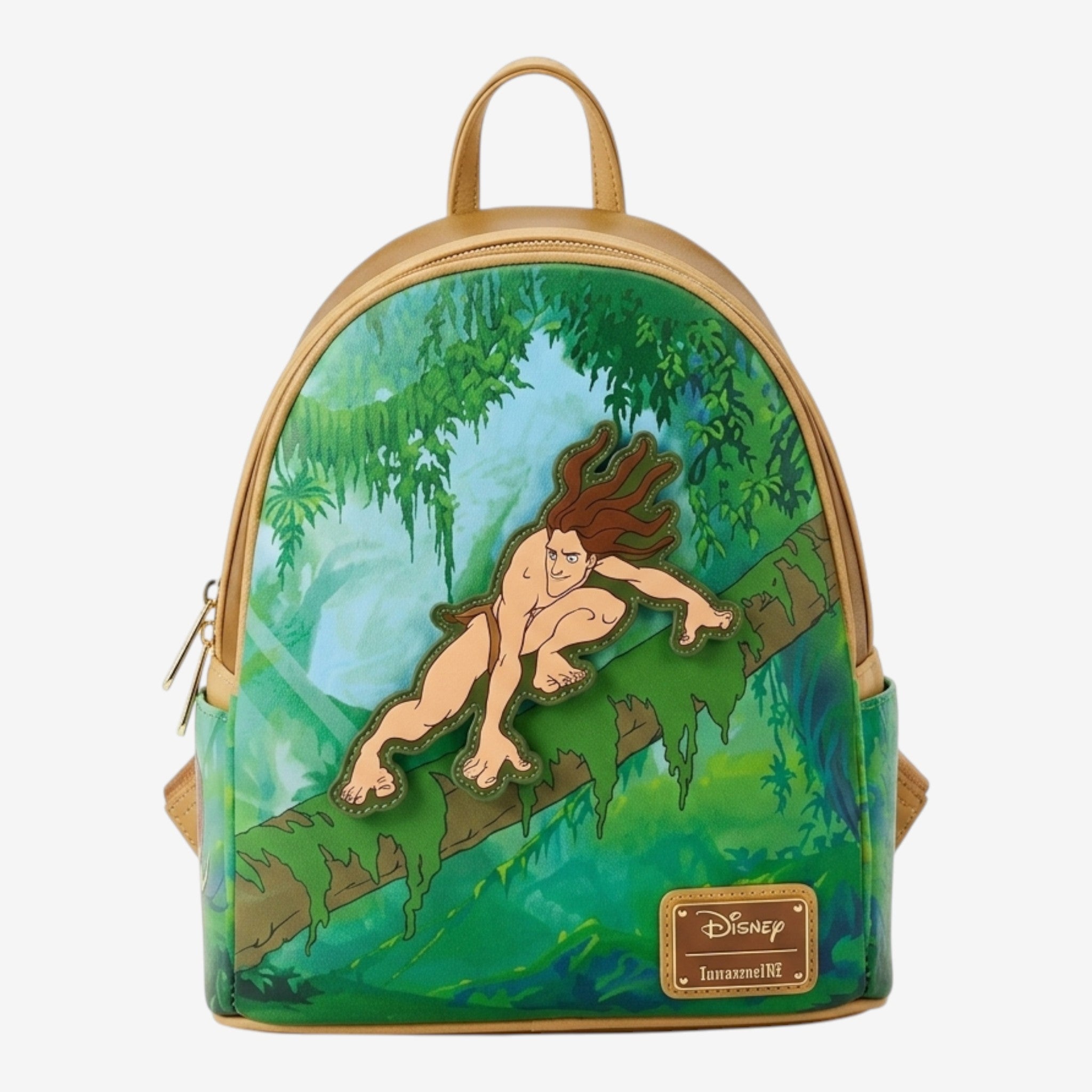 Once Upon Magic Disney Tarzan 25th Anniversary Loungefly backpack with Tarzan swinging on a vine in a lush jungle.