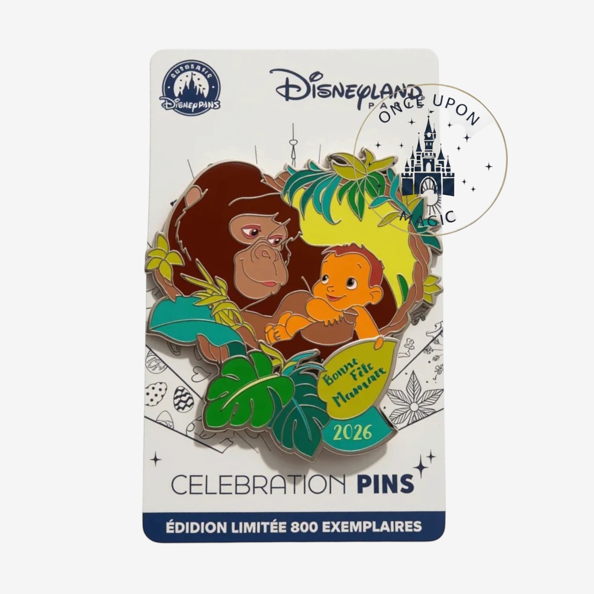 Once Upon Magic Mother's Day 2026 Disneyland Paris pin featuring Kala and baby Tarzan embracing, surrounded by jungle leaves and a yellow banner saying "Bonne Fête Maman 2026".