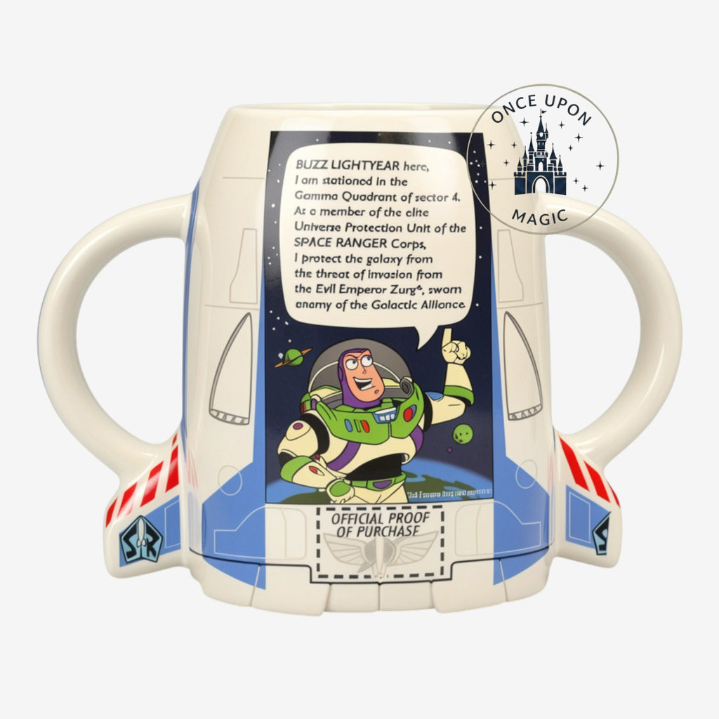 Tasse Once Upon Magic Buzz l'Éclair en forme de navette spatiale, blanche avec détails bleus et rouges, et illustration de Buzz l'Éclair.