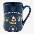 Tasse Disneyland Paris bleu marine en céramique avec Mickey Mouse et vignettes d'attractions. Once Upon Magic.
