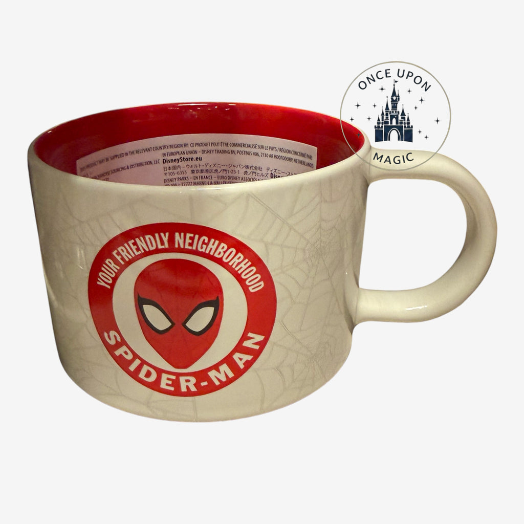 Once Upon Magic tasse en céramique blanche avec logo Spider-Man rouge et blanc et motif toile d'araignée, intérieur rouge vif.