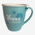 Once Upon Magic teal ceramic coffee mug featuring hibiscus flowers and the Ohana means family quote