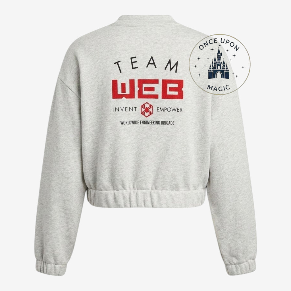 Once Upon Magic light grey crewneck sweatshirt with "TEAM WEB" graphic and cinched hem.