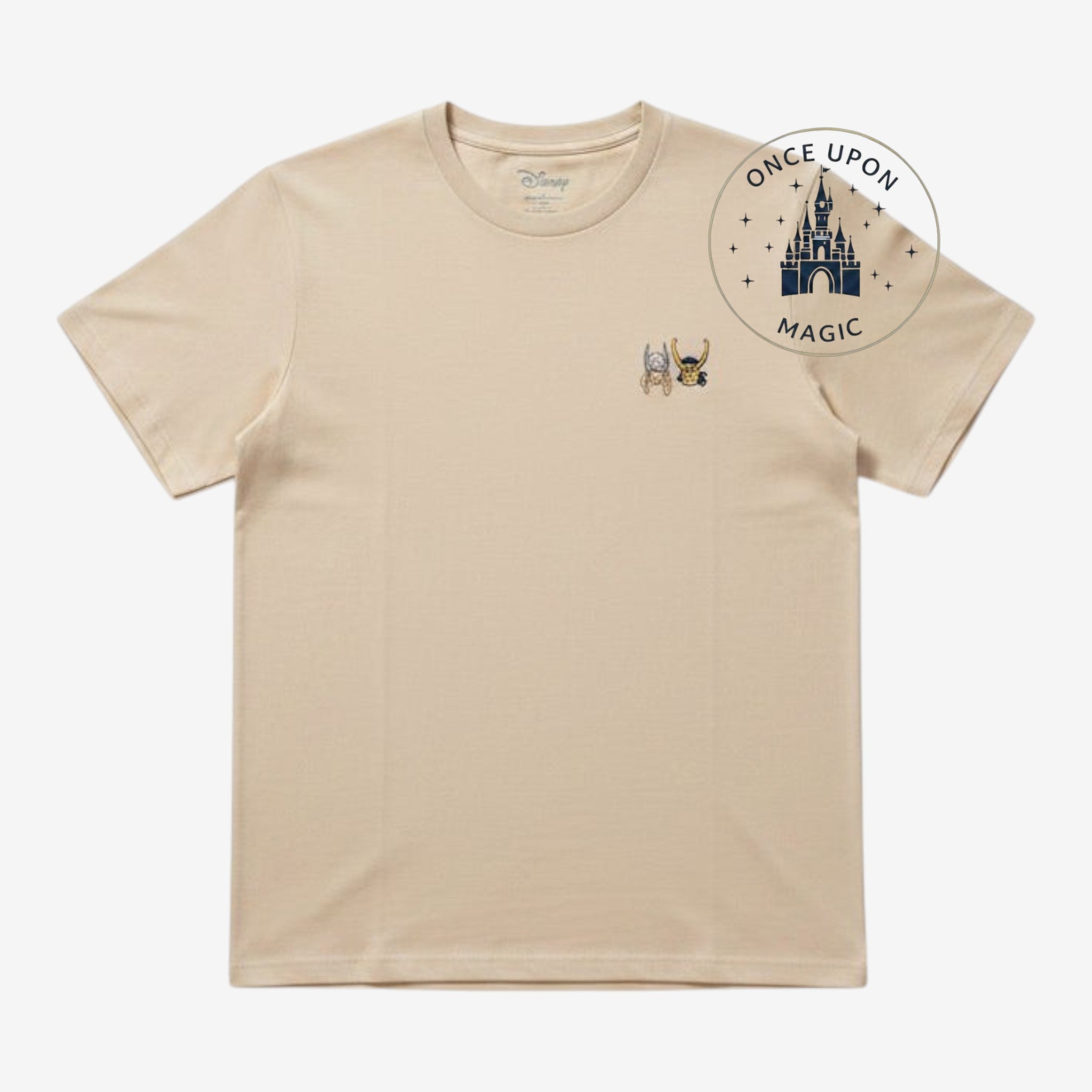Once Upon Magic beige cotton t-shirt featuring minimalist Thor and Loki character embroidery on the chest.